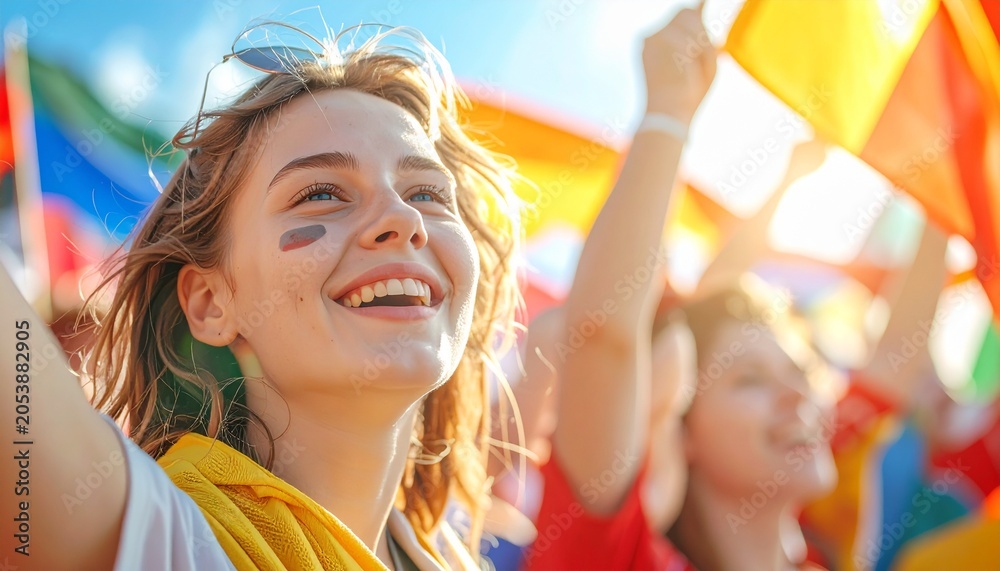 Fototapeta premium Joyful Young Woman Celebrating Outdoors with Colorful Flags.