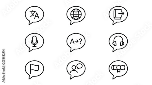Minimalist Line Art Vector Icon Set of Language Learning Speech Bubbles for Education, Communication, and Global Translation Services, Featuring Clean Black and White Design in a Grid Layout.