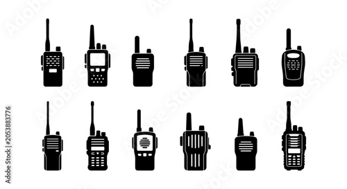 Fotografie Set of 12 Black and White Walkie-Talkie Icons, Portable Radio Devices, Two-Way C