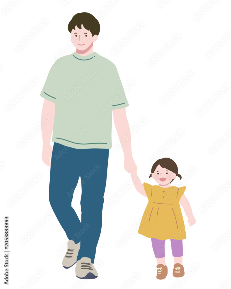Fototapeta premium 手をつないで歩く親子 カラフル フラットイラスト