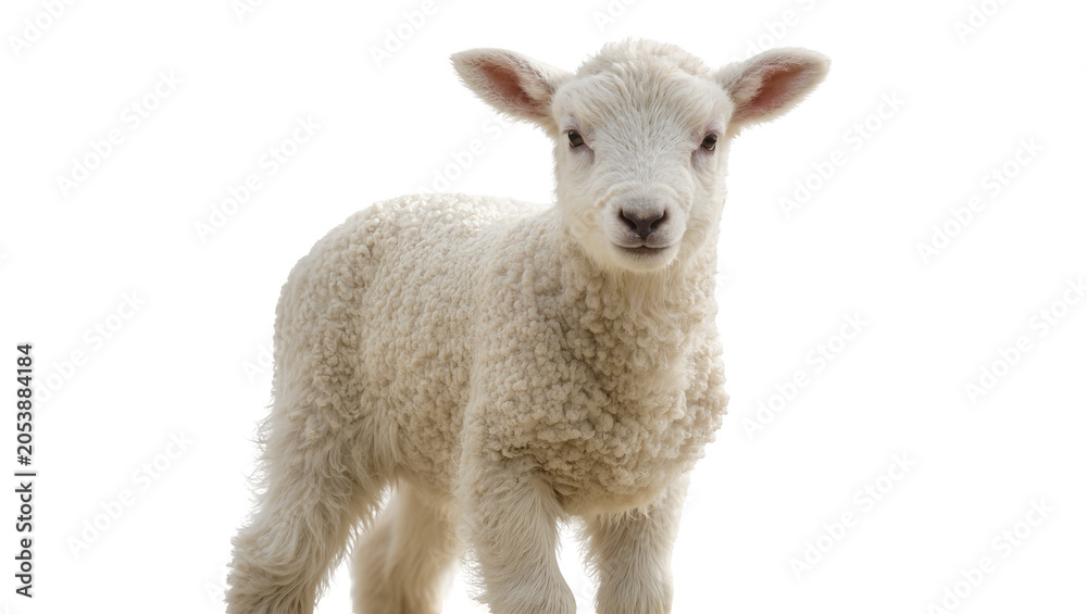 Fototapeta premium Fluffy white lamb standing, looking forward