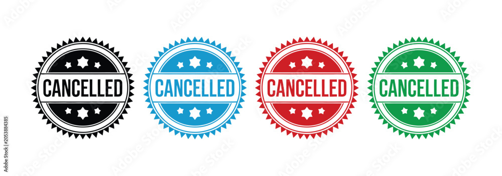Obraz premium Cancelled Stamp Icons in Four Colors featuring Bold Rubber Stamp Marks, Business Approval Symbols, Rejection Labels, and Grunge Vector Design Elements for Office Use.