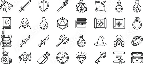 Fantasy RPG board game icon set line art vector illustration featuring weapons armor magic potions and adventure gear.