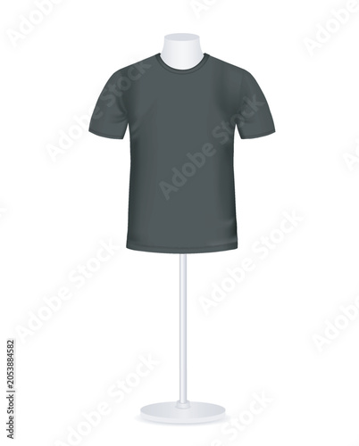 Black T-shirt on Mannequin Torso. Vector realistic Mockup. Classic Unisex clothing design. Template for fashion, print, branding. Front view. EPS10.