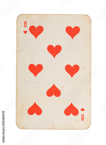 Old vintage Eight of Hearts playing card isolated on white.