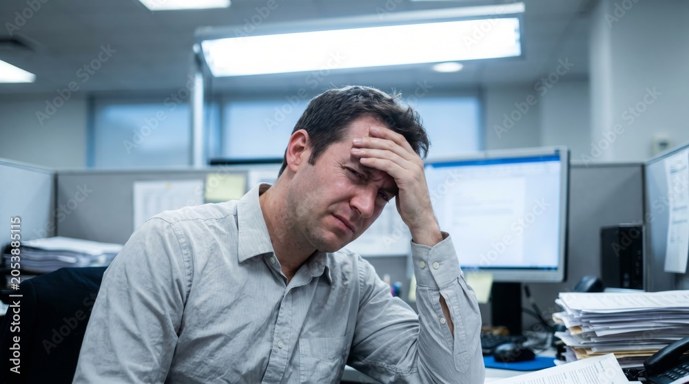 Naklejka premium Stressed Businessman Holding His Forehead in Office.