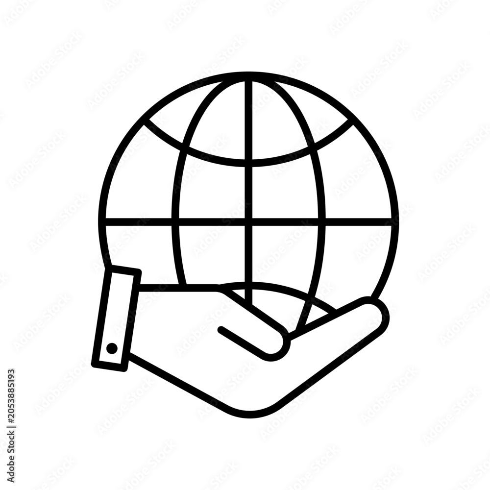 Fototapeta premium Hand palm offer globe earth features black vector icon. It highlights charity holding gesture.