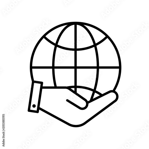Hand palm offer globe earth features black vector icon. It highlights charity holding gesture.