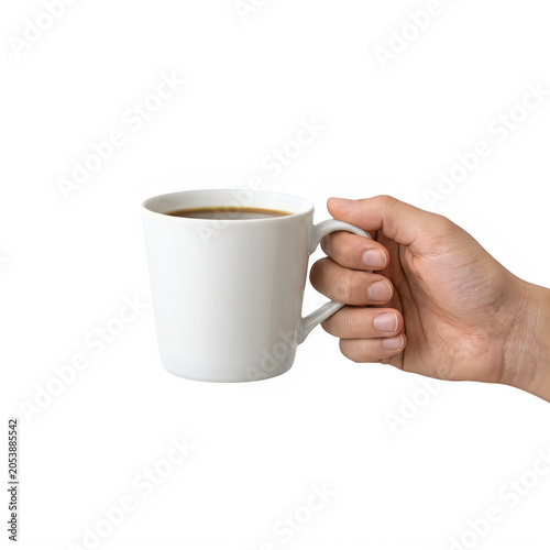 A hand holding a white coffee mug filled with hot black coffee for a morning break at home or the office isolated on transparent background