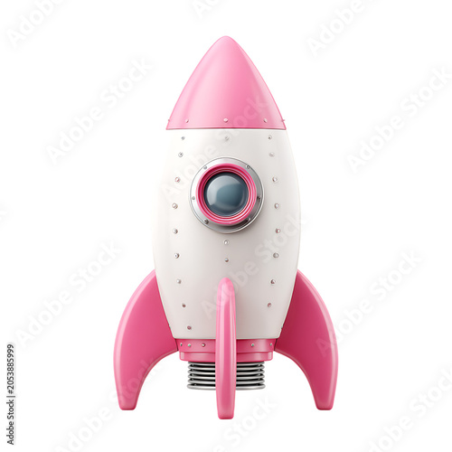  a cartoon of a pink and white rocket on white background.