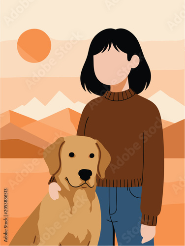 Faceless young woman with golden retriever dog in mountain landscape, flat vector illustration