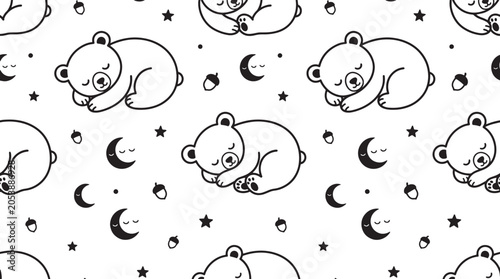 Tableau sur toile Cute sleeping bear seamless pattern line art vector background
