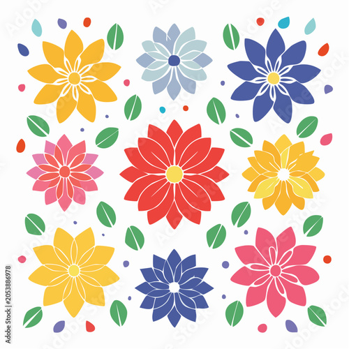 Colorful Floral Pattern with Leaves and Dots