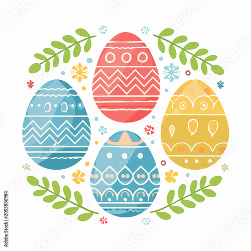 Colorful Easter Eggs Decorated with Patterns and Greenery