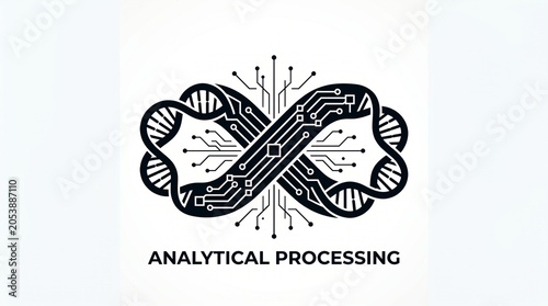 Analytical processing text sits below an infinity loop composed of a dna double helix and integrated circuit board patterns on a clean white background.
