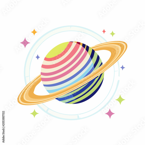 Colorful Planet with Rings and Stars