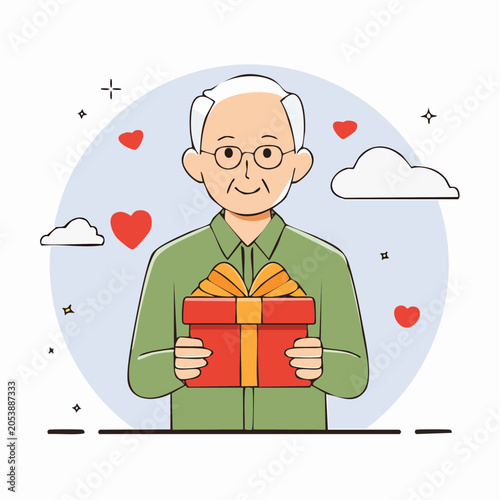 Elderly Man Holding a Gift Box with Hearts and Clouds