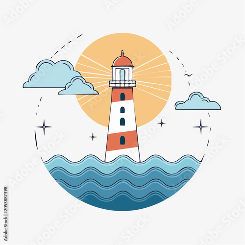 Lighthouse in the sea with sun and clouds
