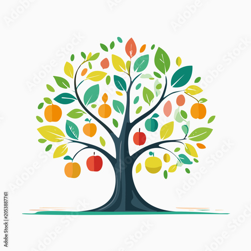 Stylized Tree with Colorful Fruits and Leaves