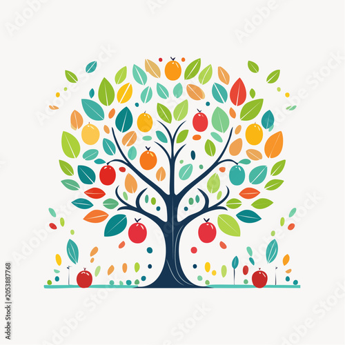 Stylized Tree with Colorful Fruits and Leaves