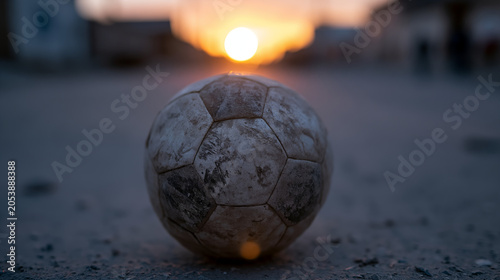 Old worn soccer ball resting on an empty street at sunrise with warm nostalgic light