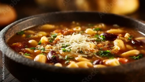 Delicious soup with pasta and cheese in rustic bowl