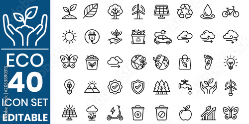 Eco friendly icon set sustainability renewable energy and environmental conservation graphics