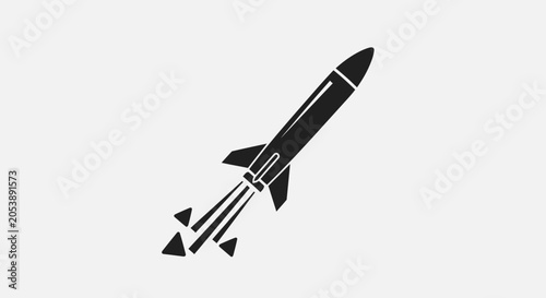 Fotografie Black rocket launching with fiery exhaust trails against a white background, ill
