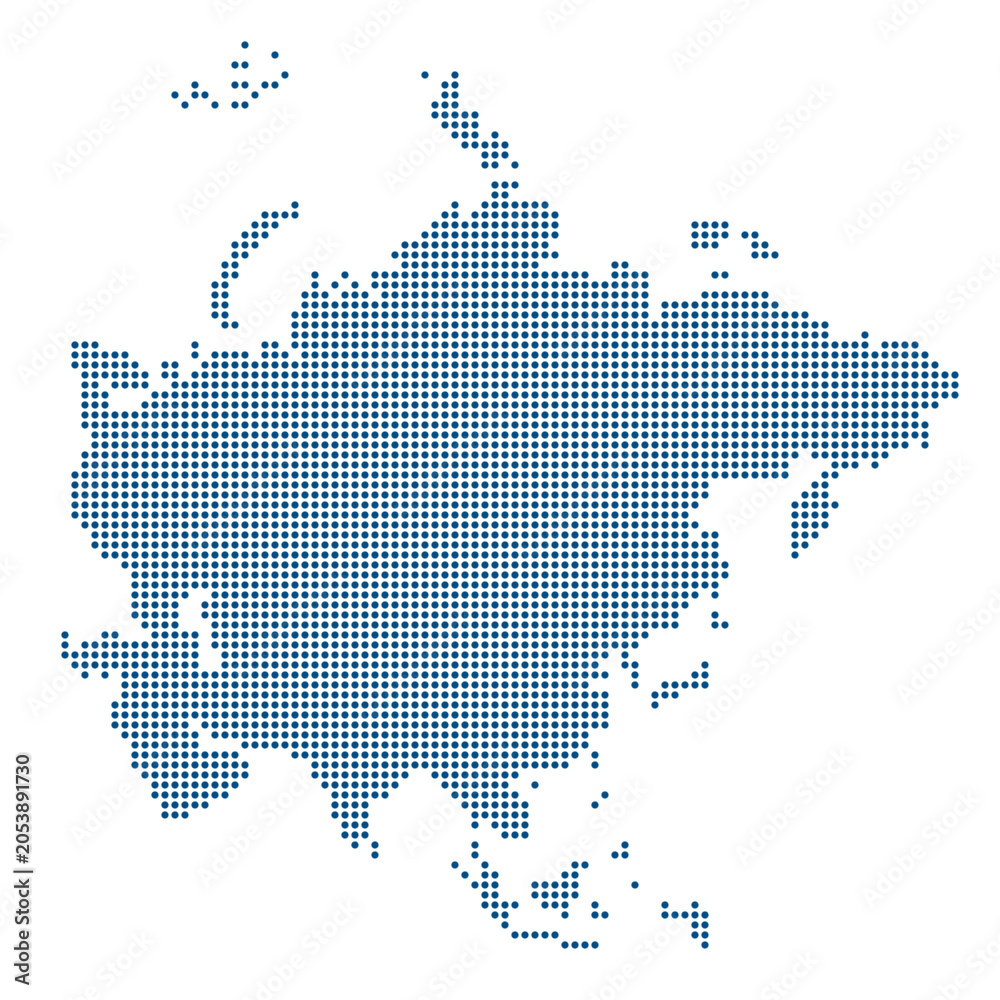 Obraz premium Asia and Russia Dotted Map, Abstract Dot Pattern Geographic Map of Asian Continent and Russia Vector Illustration