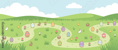 Panoramic vector banner illustration of a festive Easter egg hunt path winding through green grass with cute icons of decorated eggs, bunnies, chicks, flowers, and baskets under a blue sky.