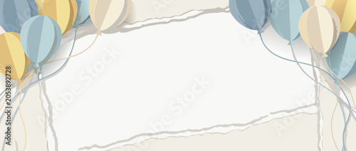Panoramic vector banner illustration of a minimalist birthday party background with pastel paper cut balloons as corner elements, torn paper frame, and blank copy space for celebration events.