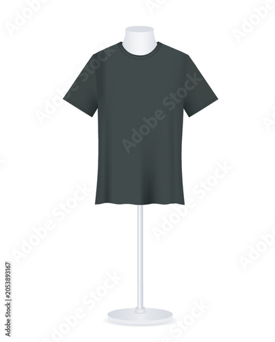 Black T-shirt on Mannequin Torso. Vector realistic Mockup. Classic Unisex clothing design. Template for fashion, print, branding. Front view. EPS10.