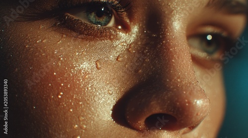 Intense close up captures beads of moisture glistening on sunlit skin near the eye and nose