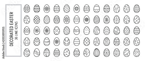 Set of 36 Decorated Easter Egg Line Icons Featuring Various Geometric Patterns, Floral Motifs, and Abstract Designs in Minimalist Vector Style for Spring Holiday and Religious Celebration.