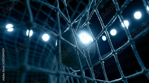 Close-up of a ball hitting the back of the goal net with backlit blue floodlights