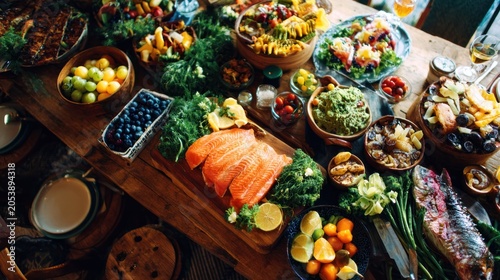 Abundant spread of fresh, colorful, and nutritious whole foods covers a rustic wooden table.