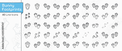 Vector Line Icon Set of 40 Bunny Footprints, Paw Prints, and Trails; Modern Rounded Line Icons for Easter, Nature, and Animal Tracking Designs; Rabbit Paw Marks and Path Illustrations for Projects.