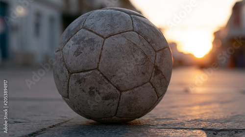 Used leather soccer ball on a cobbled street at sunrise evoking childhood nostalgia