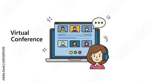 Woman participates in a virtual conference using a laptop to communicate with colleagues remotely.