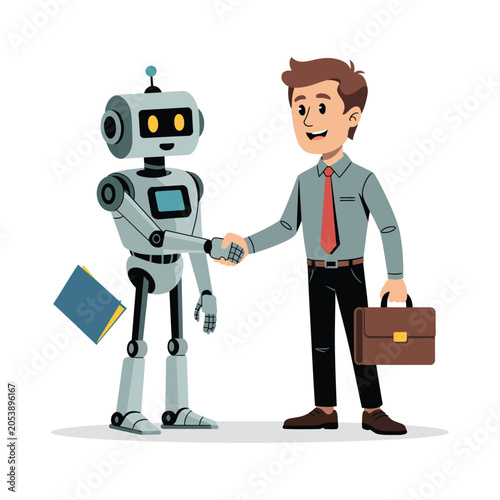 Businessman shaking hands with a robot representing AI partnership