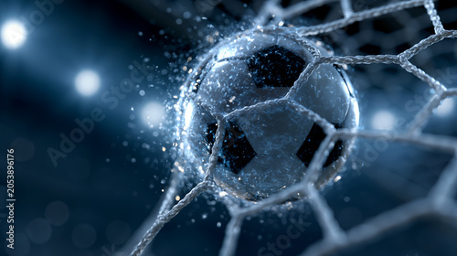 Football frozen mid-motion against the goal net glowing under blue arena lighting