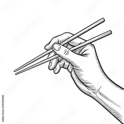 Hand holding bamboo chopsticks for asian food dining black and white