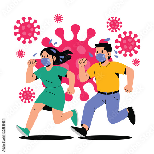 People running away from virus particles wearing protective face masks