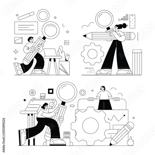 Search and design process concept with people using magnifying glass