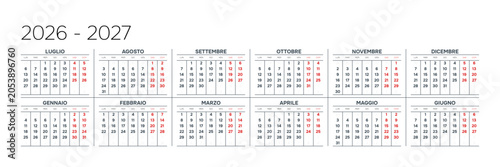 Italian 2026-2027 Horizontal 6x2 Grid Clean Business Calendar Poster Annual Yearly Schedule Grid (Compatible with 2037-2038 and 2054-2055).