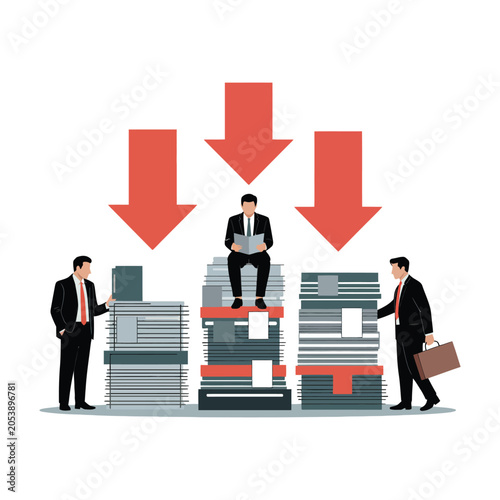 Business professional surrounded by large stacks of paperwork files