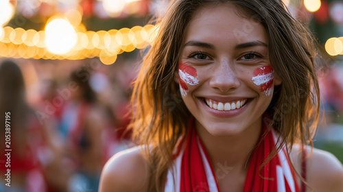 Smiling young woman fan with red and white face paint cheering at an outdoor event