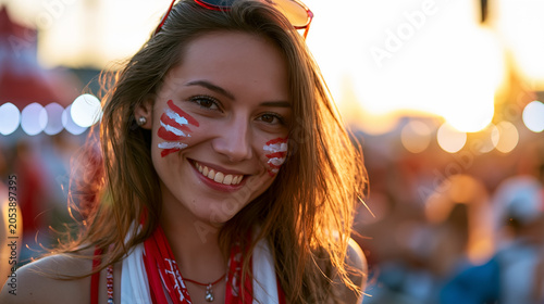 Happy young female supporter with red and white face paint celebrating at a festival