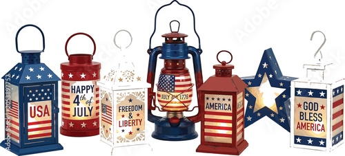Lantern collection decorated with nationalistic stars and stripes displays.