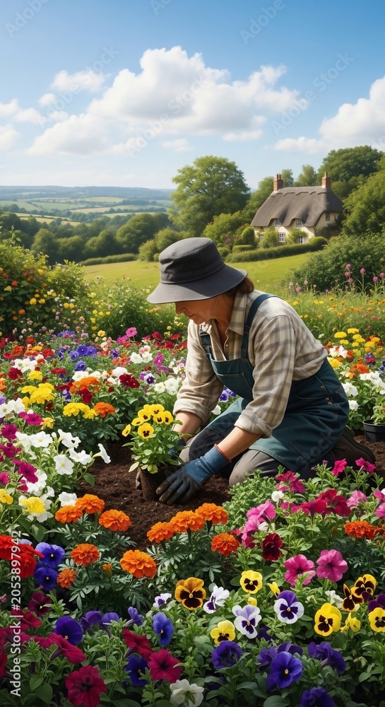 Fototapeta premium A gentle hand tending to a vibrant bloom under a hopeful sky.